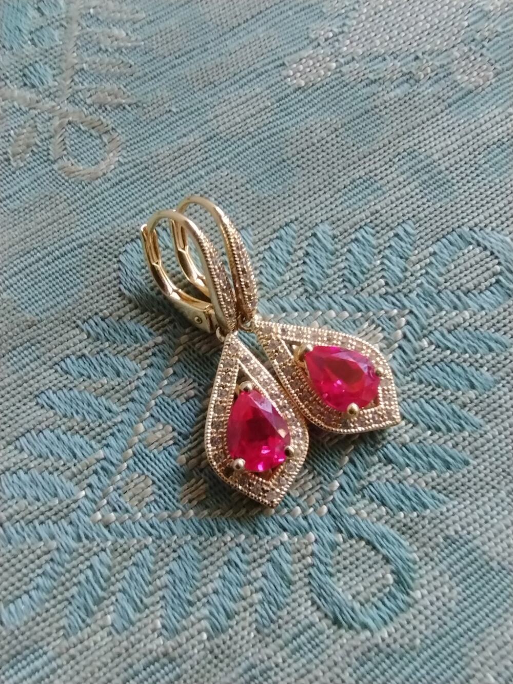 Tear Drop 14K Gold Plate Lab-Created Ruby & Diamond Halo Dangle Pierced Earrings